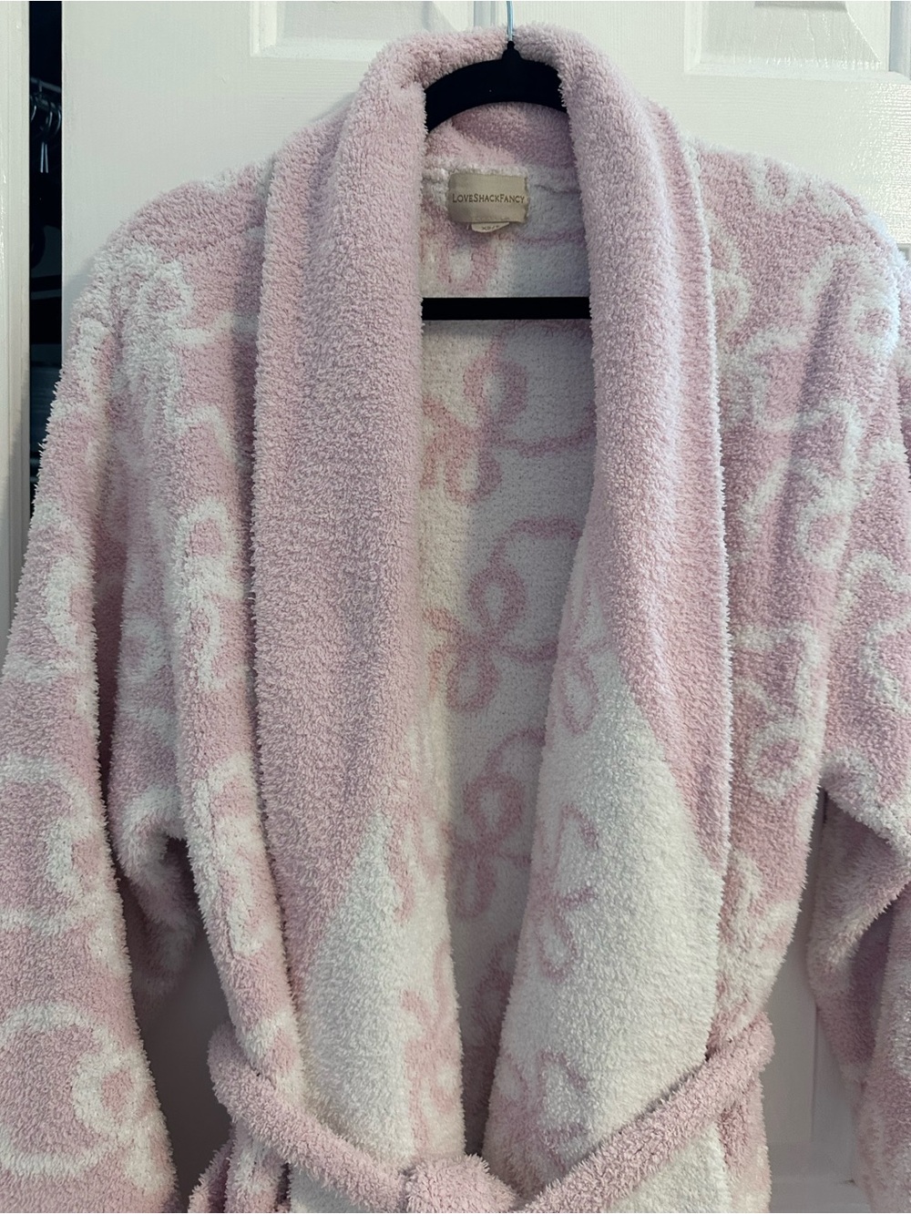 LoveShackFancy Plush Shawl-Collar Robe Cardigan in Light Pink and White